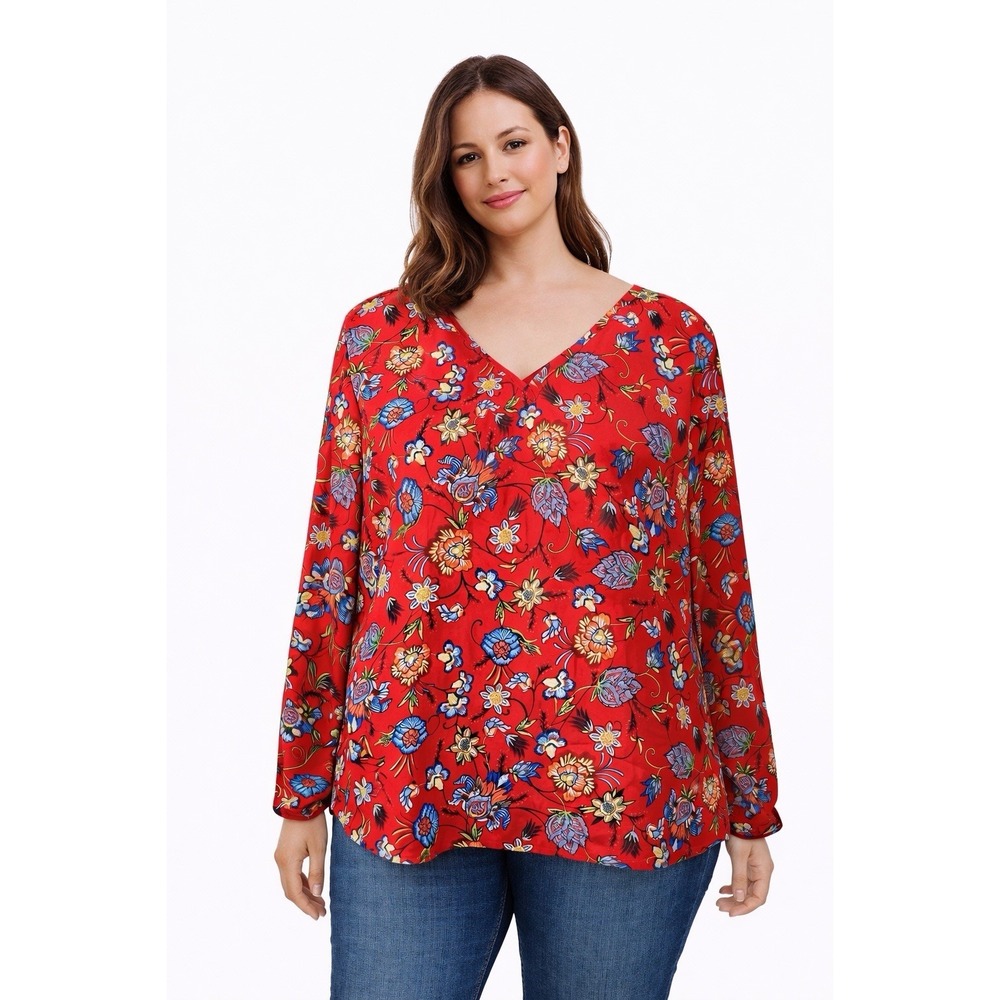 Chelsea & Theodore Womens XXL Red Floral Blouse Long Sleeve Femenine Flowy